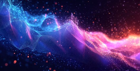 Vibrant Abstract Data Waves with Futuristic Polygonal Textures and Sparkling Particles in Symmetric Digital Art