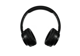 Black over-ear headphones surrounded by a vibrant splash of multicolored paint, isolated on a white background