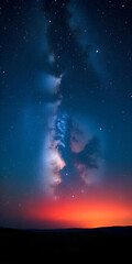 Fototapeta premium A night sky filled with stars and a vibrant Milky Way stretching across the center. The horizon glows with a gradient of orange and red, contrasting against the dark blue and black of the sky. Silhoue