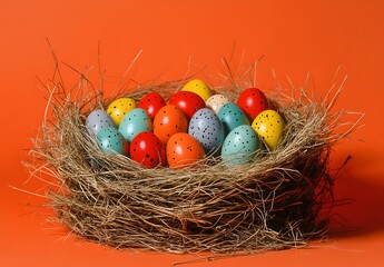 Fototapeta premium Colorful Easter Eggs Nestled In A Bird Nest
