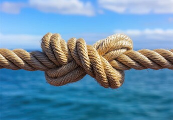 Fototapeta premium Detailed Close-Up of a Tight Nautical Knot with Natural Fiber Rope Against a Serene Ocean Background Under a Beautiful Blue Sky with Soft Clouds