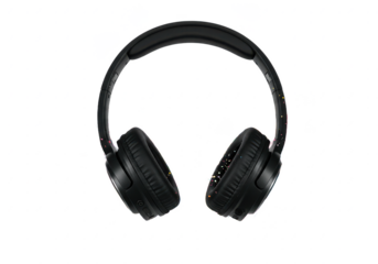 Black over-ear headphones surrounded by a vibrant splash of multicolored paint, isolated on a white background