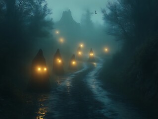 Mysterious hooded figures with glowing lights walk along a foggy path.