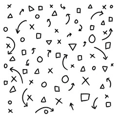 doodle cross, arrow, box, triangle black and white icons for background