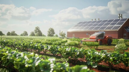 A farm using robots to automate livestock feeding, with solar panels on the barn roof, set against a clear sky and expansive green fields.