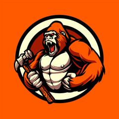 Gorilla Hammer, Strong Gorilla Mascot Vector Illustration