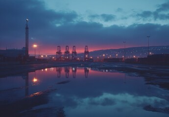 Fototapeta premium Industrial Landscape at Dusk with Cranes and Reflections in Water Puddles, Capturing the Vibrant Colors of Evening Sky and Surrounding Urban Environment