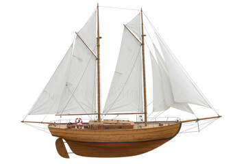 Obraz premium Classic sailboat with white sails and a wooden hull, isolated on a white background