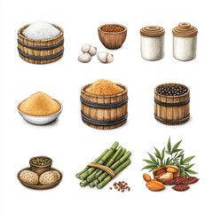 Natural ingredients in wooden containers, showcasing various spices and grains