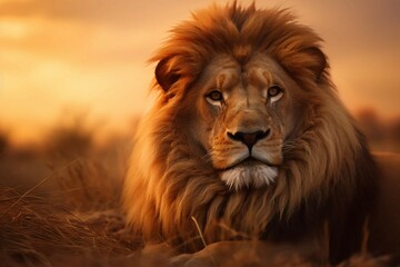 Fototapeta premium Lion in Grass with Sunset