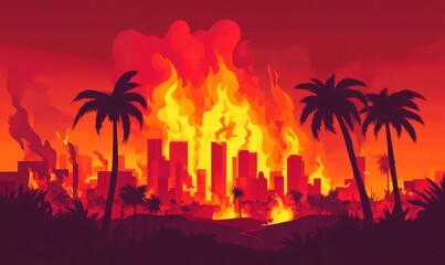 Obraz premium Illustration of a burning city and palm trees.