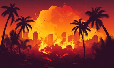 Illustration of a burning city and palm trees.