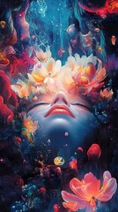 Surreal Woman and Flowers: A Dreamlike Fantasy Art
