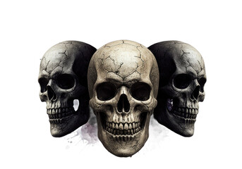 Obraz premium Three detailed skulls with cracked textures and artistic dark splatter background