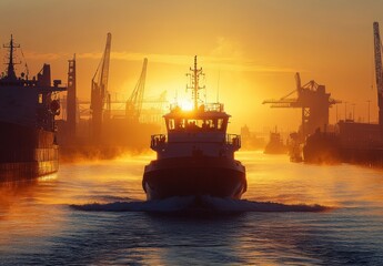 Obraz premium Majestic Sunrise Over Port with Fishing Boat Navigating Through Misty Waters, Silhouettes of Cranes and Vessels in the Background Creating a Serene Maritime Scene