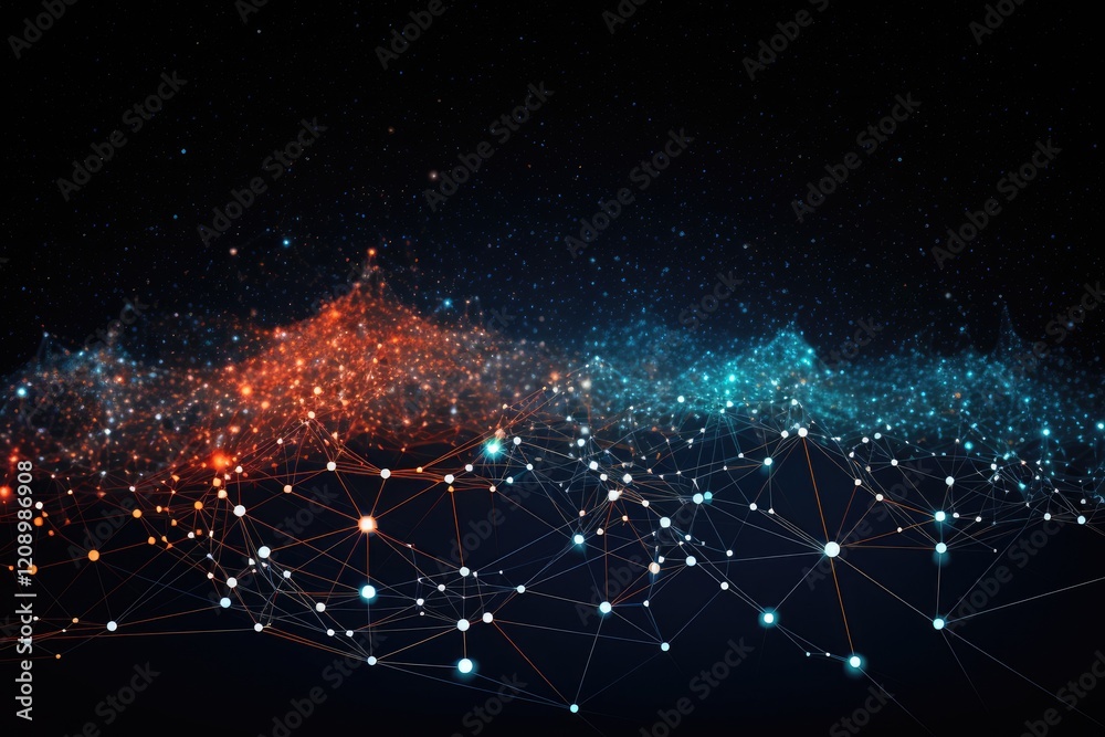 Poster Intricate digital lines and dots create a vibrant representation of interconnected networks against a dark background, showcasing imaginative patterns that evoke a sense of depth and complexity