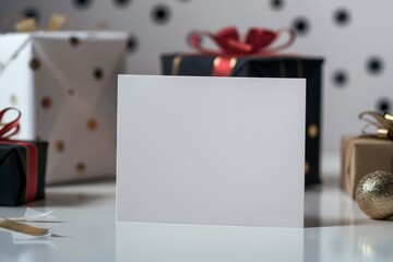 Blank Greeting Card Surrounded by Colorful Wrapped Gift Boxes