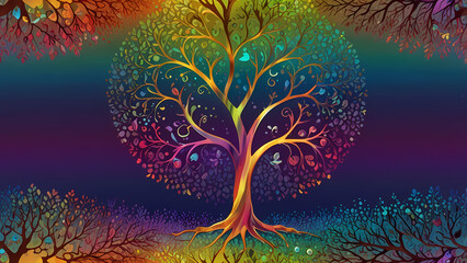 A mesmerizing abstract holographic design featuring a tree of love with glowing, heart-shaped leaves in metallic rainbow shades.