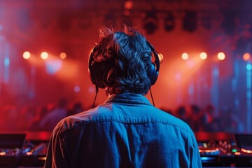 A DJ performs at a lively nightclub while wearing headphones as colorful lights illuminate the vibrant crowd during an exciting nighttime party atmosphere