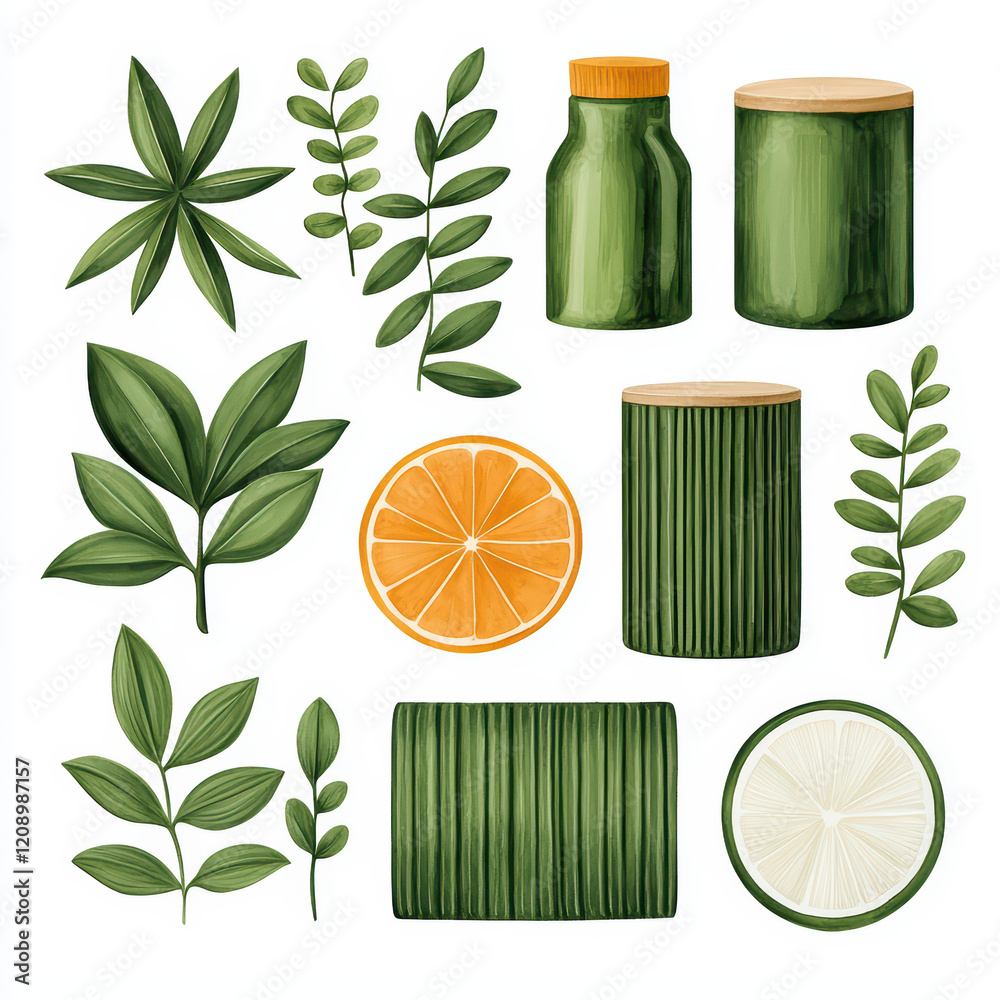 Canvas Prints Fresh green leaves and jars with citrus slices create vibrant composition