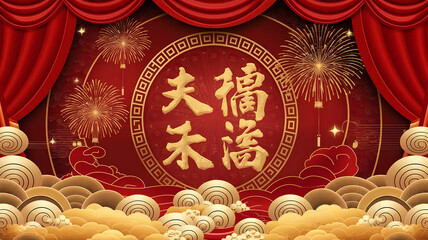 New Year's red stage background, firecrackers and golden clouds, Chinese text