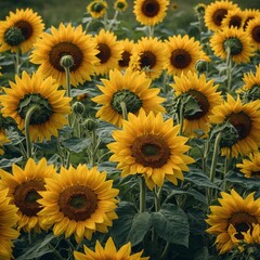 Fototapeta premium A bouquet of giant balloon sunflowers with vibrant yellow petals on a fresh grassy green background.