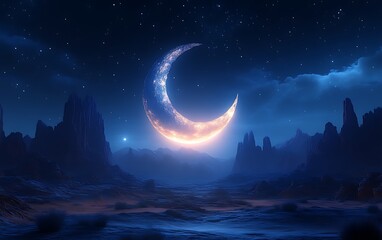 Crescent moon over a mystical desert landscape at night.