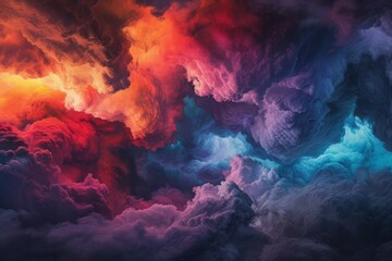 Fototapeta premium Ethereal clouds bursting with chaotic colors create a mesmerizing visual display in the sky at twilight, showcasing vibrant reds, blues, and purples that blend seamlessly
