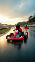 Red go-kart races on wet track at sunset. Driver wears helmet. Fast motion blur visible. Competition. Karting sport. Wet asphalt surface. Racer in focus. Action shot. Motorsports event. Exciting