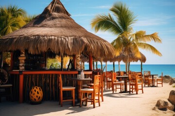 Fototapeta premium Relax at a Caribbean Beachside Barbeque Restaurant with thatched roof and sandy shores, perfect for enjoying fresh food by the ocean under a clear blue sky