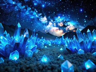 Glowing Blue Crystals, Dark Night Sky, High Depth of Field, Fantasy Landscape, Mystical Scene, Crystal Field, Night Photography, Starry Sky, Blue Crystal
