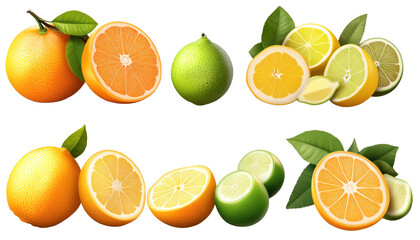 Fototapeta premium citrus mockup with oranges, lemons, and limes, whole, halved, and sliced, multiple angles, transparent background