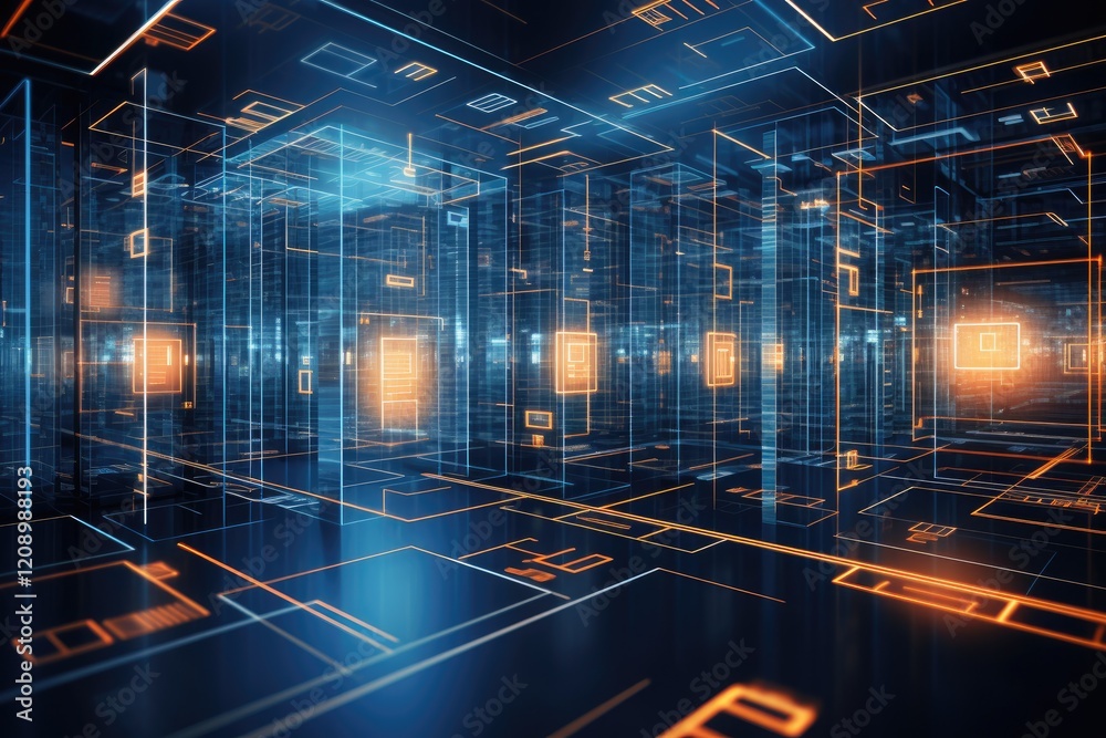 Aufkleber futuristic tech data center with glowing grids and digital structures showcasing advanced informatio