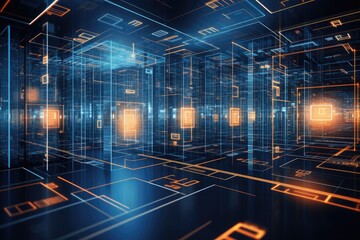 Futuristic tech data center with glowing grids and digital structures showcasing advanced information processing and storage capabilities in a modern environment