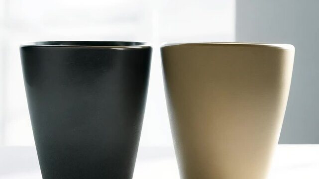 High key lighting establishing video, the camera tilts down to show two ceramic cups, one with a glossy, mirror-like finish, the other with a matte, chalkboard-like surface, on a table