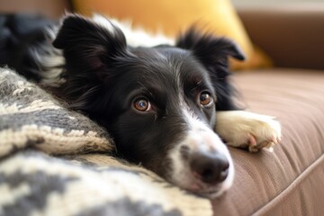 A Border Collie Dog Relaxing Comfortably on a Couch with a Cozy Blanket in a Sunlit Living Room