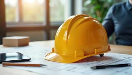 Yellow safety helmet sits on blueprints. Workplace safety equipment on table. Construction plans. Planner worker likely uses helmet. Office setting. Professional workplace for project design,
