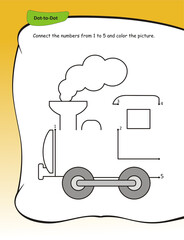 Dot to dot activity worksheet for preschool kids. Activity of learning numbers from 1 to 5 and pen control. Connect the dots Numbers learning activity worksheet