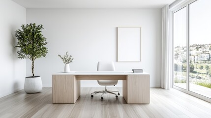 Fototapeta premium Minimalist home office with city view, desk, chair, plant. Ideal for work-from-home concepts