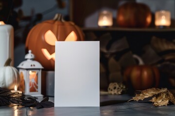 Blank White Card on a Halloween Table with Decorative Elements