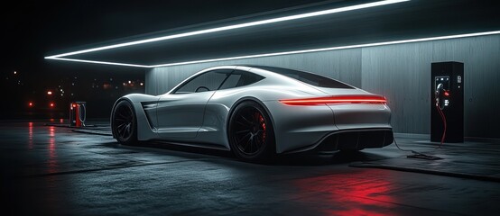 Sleek White Electric Car Charging with Dynamic Lighting and Minimalist Background