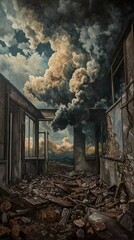 Fototapeta premium Desolate Ruins Under a Dramatic Sky: A Haunting View