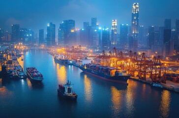 Naklejka premium Scenic Night View of a Bustling Port City with Illuminated Skyscrapers and Ships Docked in a Busy Harbor Amidst a Mystical Dawn Glow