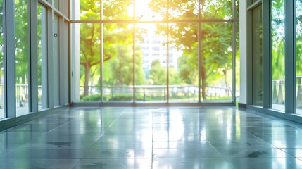 Fototapeta premium Blurred empty modern office with big windows and green trees