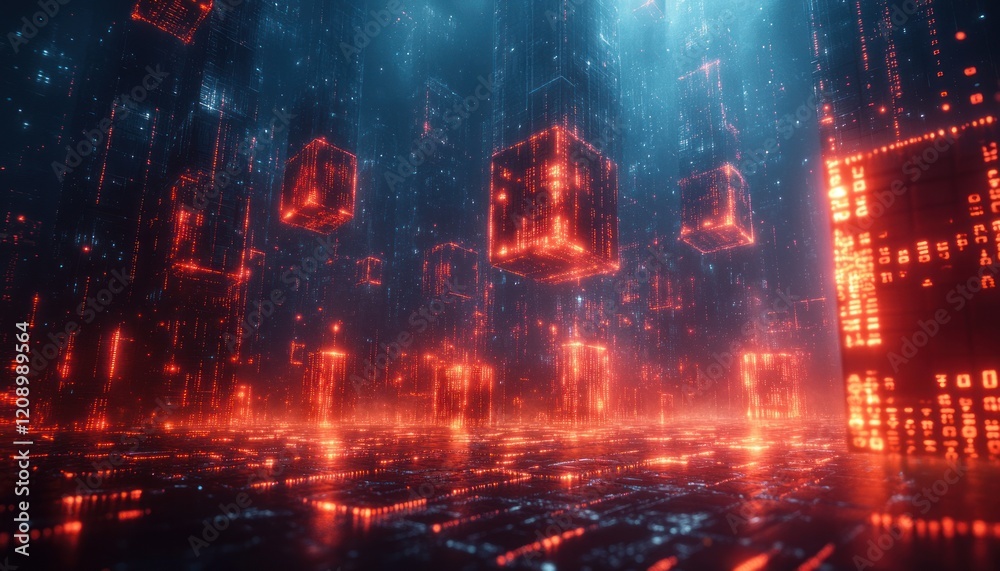 Poster Futuristic Digital Landscape with Red Cube Data Blocks in Cyberpunk Style and Binary Code Immersion