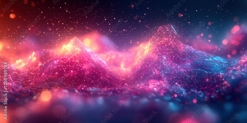 Poster futuristic network of interconnected polygons in a vibrant digital landscape with neon lights and dy