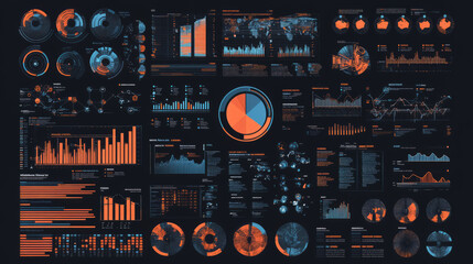 cyberpunk data visualization dashboard with orange and blue graphics and futururistic infographic featuring interactive sci-fi elements in a minimalist ui ux design for business intelligence