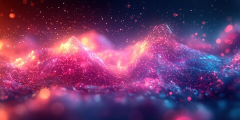 Futuristic Network of Interconnected Polygons in a Vibrant Digital Landscape with Neon Lights and Dynamic Movement