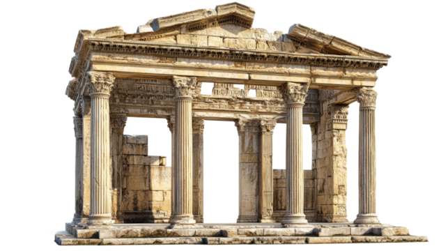 Ancient temple remains showcase intricate architecture from a bygone era in sunny Greece isolated on transparent background