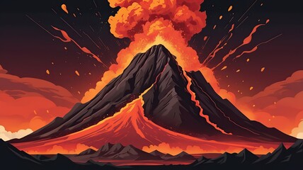 Abstract volcanic eruption, dramatic red and orange explosions with dark smoke.